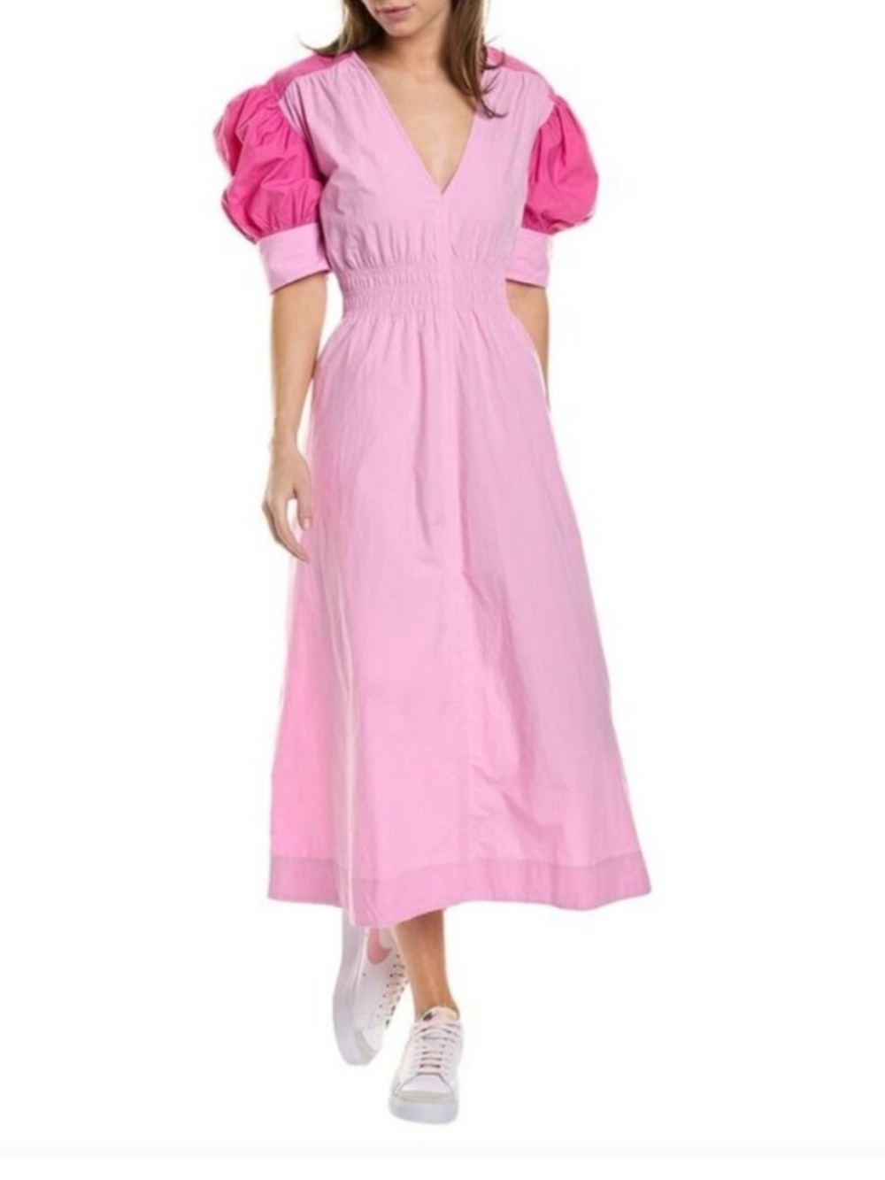 NWT GANNI Colorblock Cotton Poplin V-Neck Midi Dress Size 44/US L/XL